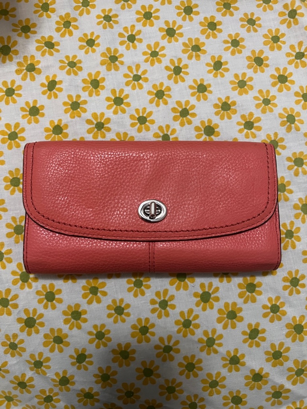 Coach Coral Pink Pebbled Leather Turnlock Long Wallet